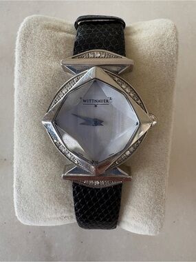 Wittnauer Silver Geometric Case Watch with Crystals and Black Leather Strap